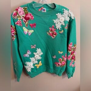 VTG 90s Russell Athletic Embellished Floral Sweatshirt Teal Green M